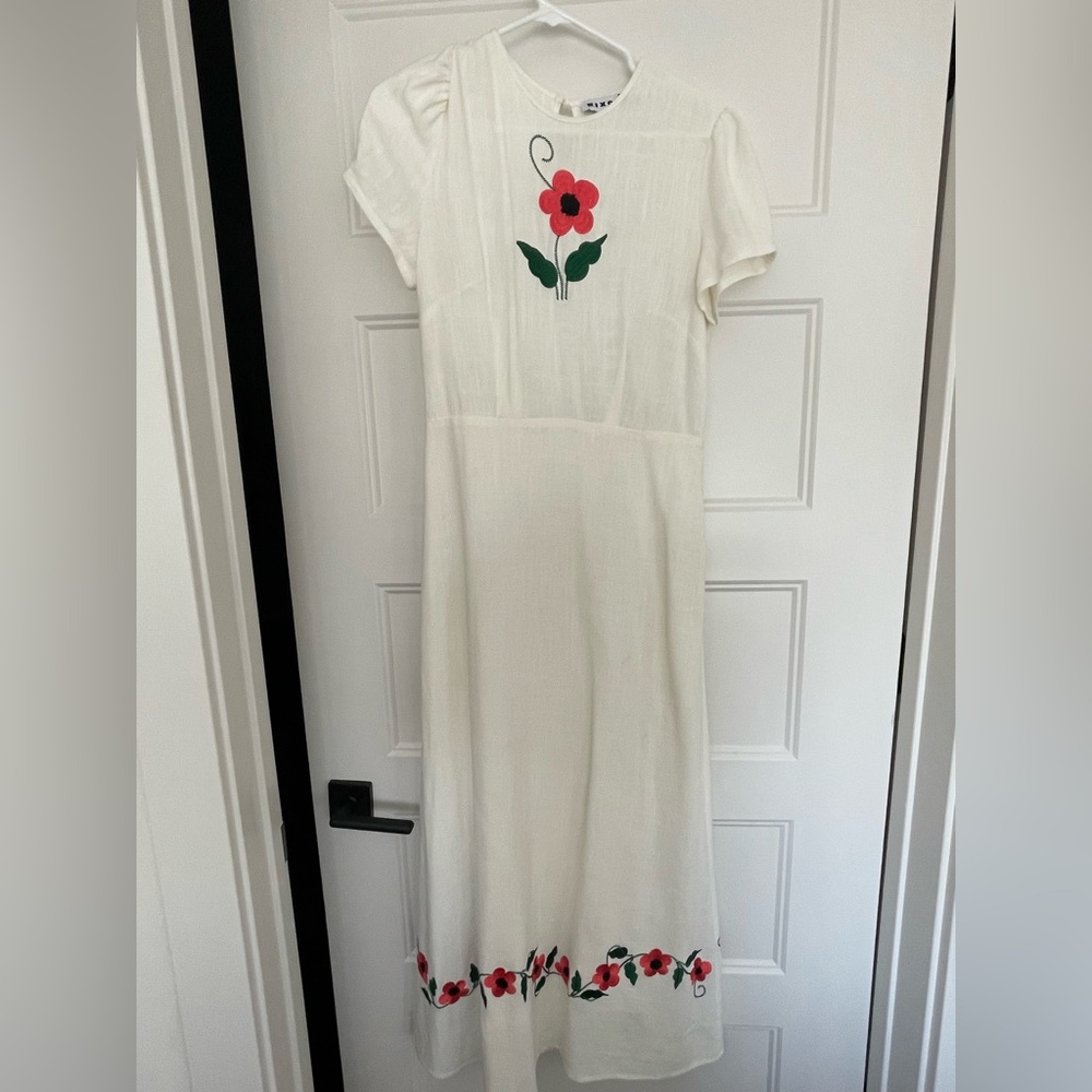 White Floral Rixo Dress with Flower Embroidery